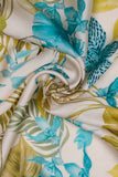 Turquoise Blue and Green Leaves Digitally Printed on Ananya Silk