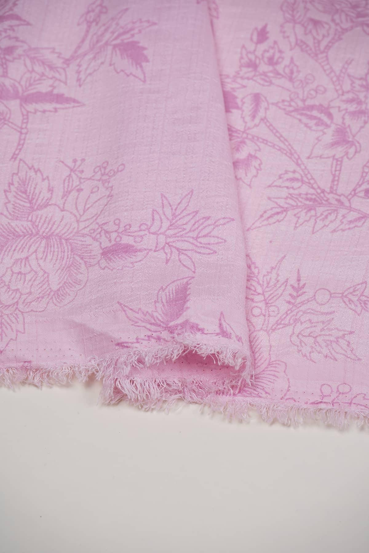 Pink Floral Leaf Screen Printing on Pastel Shade Alina Silk - saraaha.com - Accessories, Alina silk, Casual, Dresses, Formal, Indo western Lehengas, Kurtas, Kurtis, Screen Print, Shirts, SILK, Skirts, Suits, Trimmings