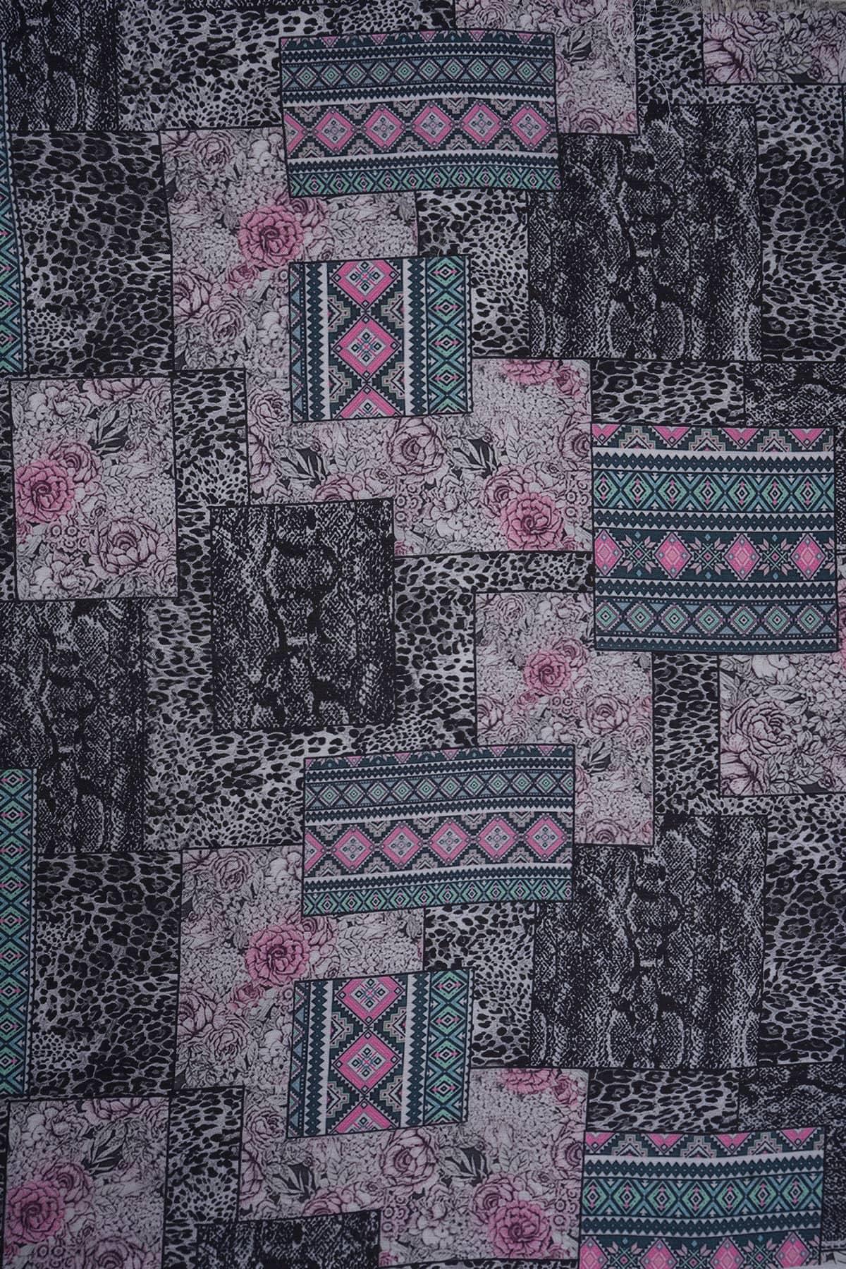 Black Color Art Patchwork Digitally Printed on Rangna Silk - saraaha.com - Casual, Digital Print, ethnic kurtis, Festive, home decor, kurtas, lehengas, occasional garments, Rangna Silk, shirts, SILK