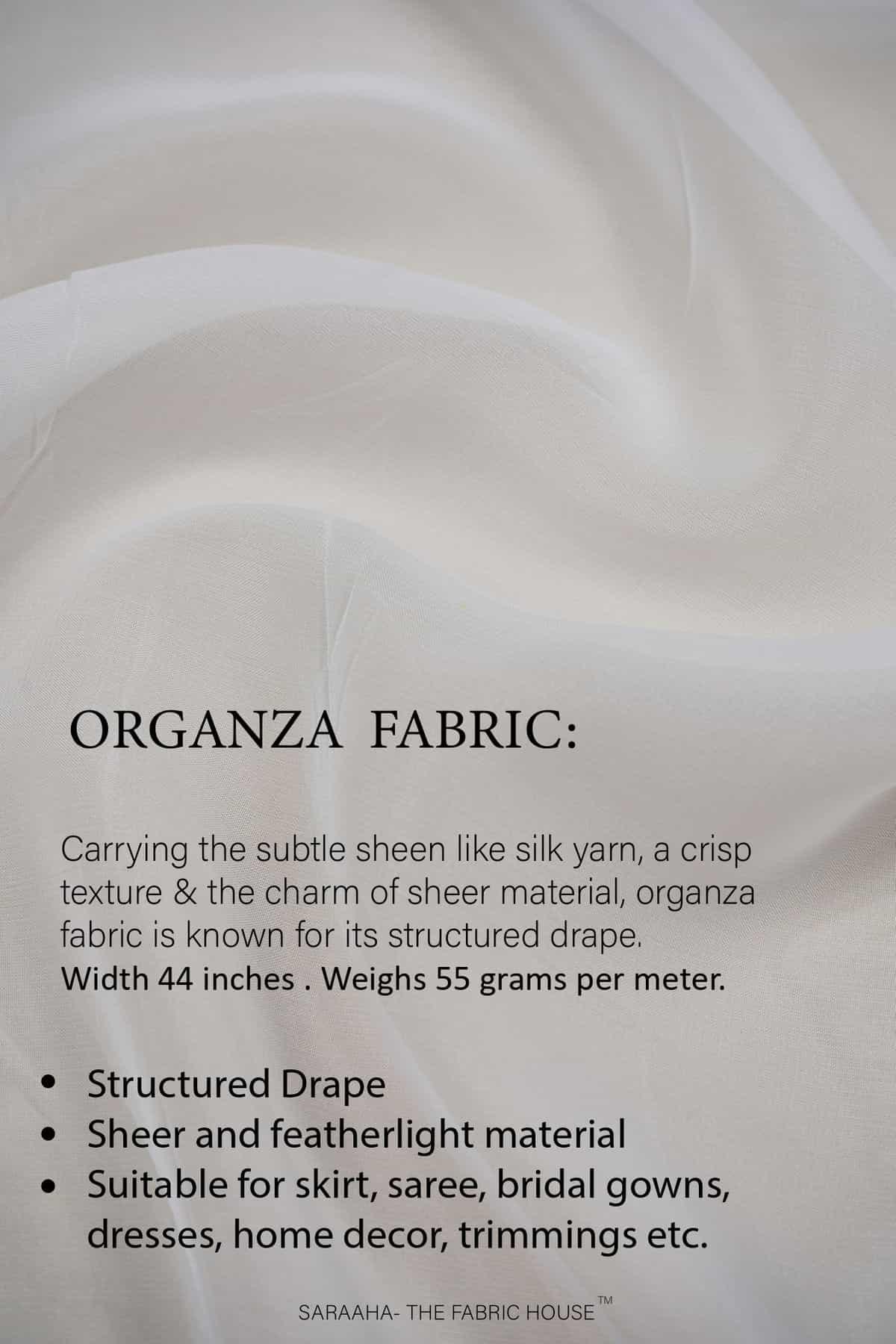 Plain White Organza Viscose Base 55 GLM - saraaha.com - Accessories, Crisp, Curtains, Dupattas, Dyeable White, evening wear, Festive Wear, Formal wear, Gowns, home decor, Lehengas, Light Weight, Loose Blouse, Lustrous, Organza, rayon, RFD, Royal, Sarees, scarves, Sheen, Sheer fabric, Silk, Skirts, Thin Fabric, Trimmings, Viscose, Western and Traditional Dresses, Women Wear