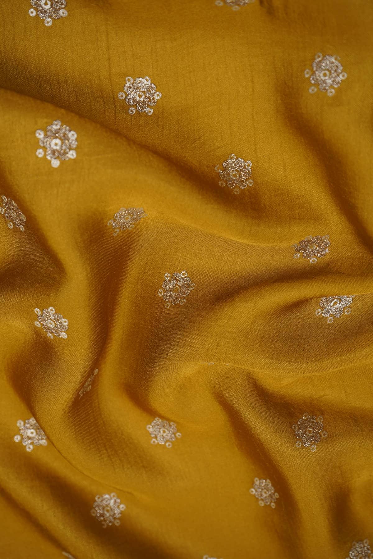 Fabulous Floral Foil on Gold Coloured Yesha Silk - saraaha.com - Casual, dresses and more, Festive, gowns, indo western, kurtas, Screen Print Foil Work, SILK, skirts, Suits, tops, Yesha Silk