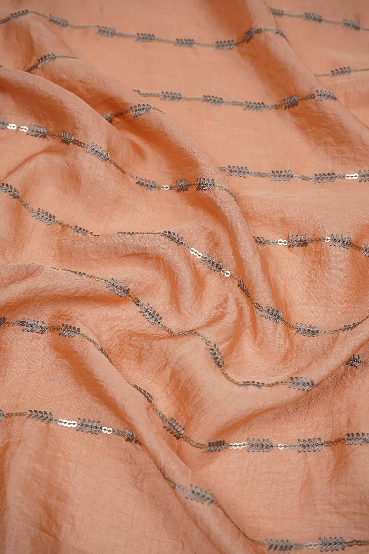 Silver Sequin Embroidery on Peach Yesha Silk - saraaha.com - blouses, Casual and Festive, dresses and more, Embroidery, gowns, indo western, kurtas, SILK, skirts, Suits, tops, Yesha Silk