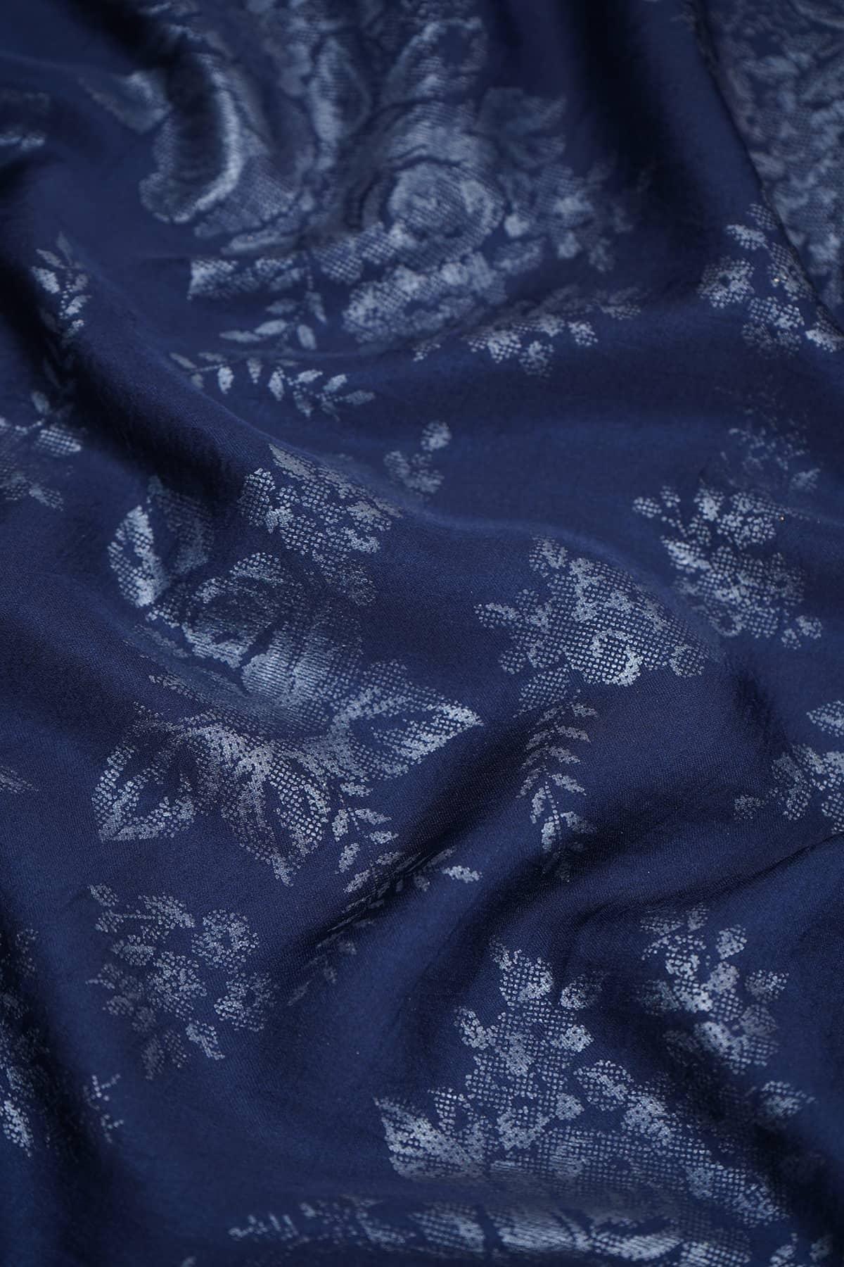 Silver Floral Pattern Embossed on Navy Blue Color Yesha Silk - saraaha.com - Casual, dresses and more, Festive, gowns, indo western, kurtas, Screen Print Foil Work, SILK, skirts, Suits, tops, Yesha Silk