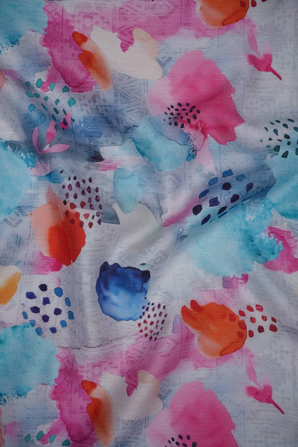 Pink and Sky Blue Abstract Watercolor Effect Digitally Printed on Rangna Silk - saraaha.com - Casual, Digital Print, ethnic kurtis, Festive, home decor, kurtas, lehengas, occasional garments, Rangna Silk, shirts, SILK