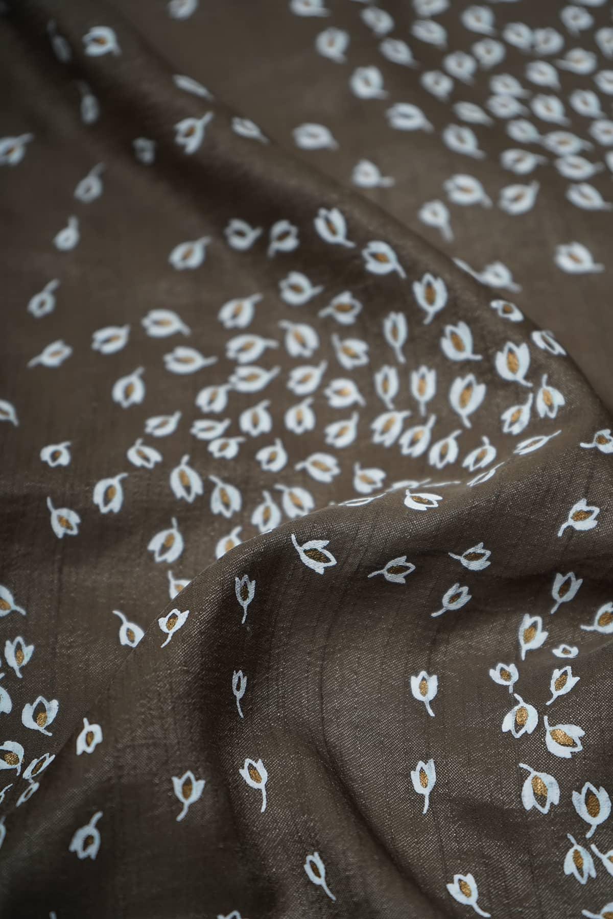 Spiral Floral Screen Print on Friar Grey Alina Silk - saraaha.com - Accessories, Alina silk, Festive, Formal, Kurtas, Kurtis, SILK, Skirts, Suits, Tops Dresses, Trimmings