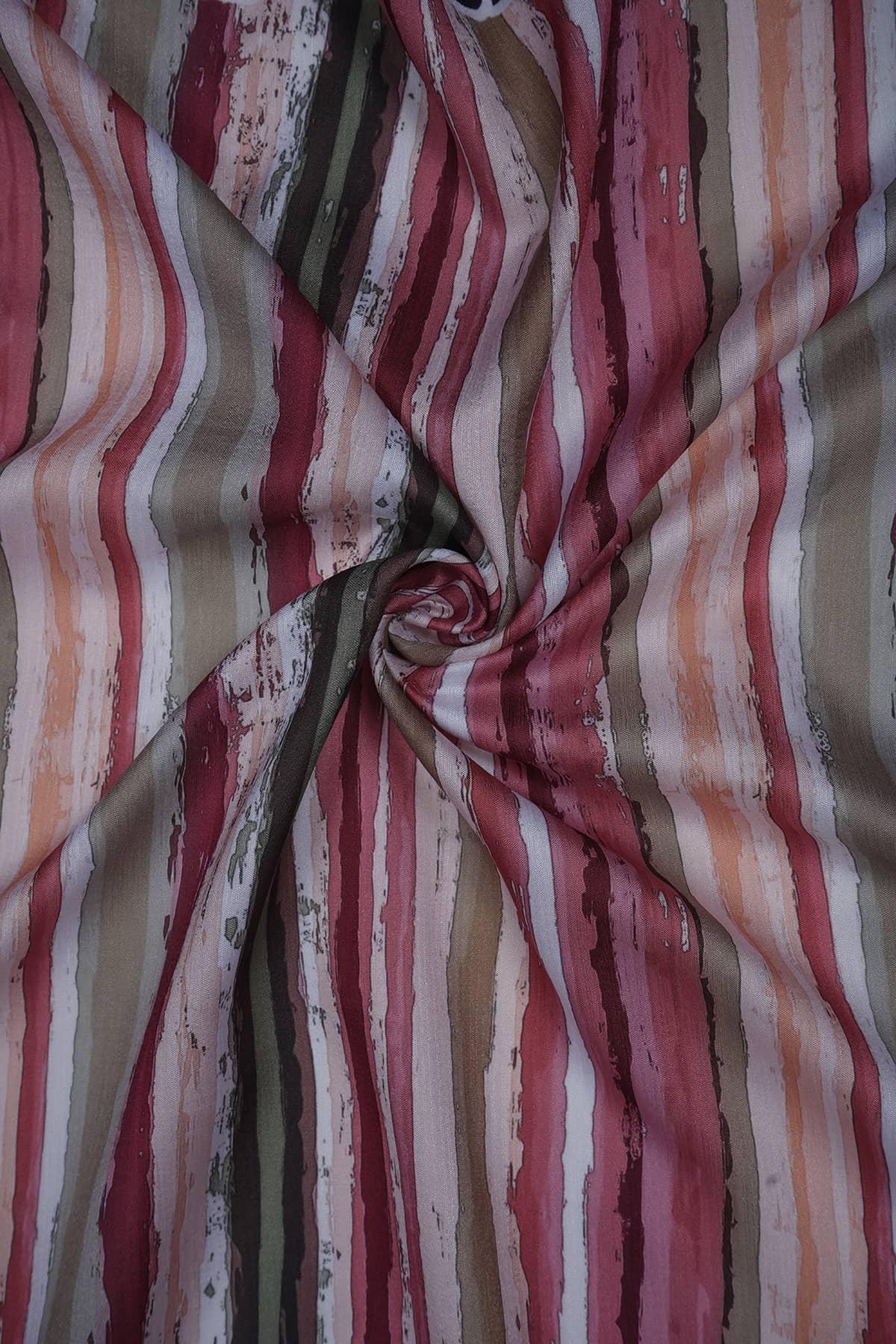 Red and Brown Color Stripes Pattern Digitally Printed on Rangna Silk - saraaha.com - Casual, Digital Print, ethnic kurtis, Festive, home decor, kurtas, lehengas, occasional garments, Rangna Silk, shirts, SILK