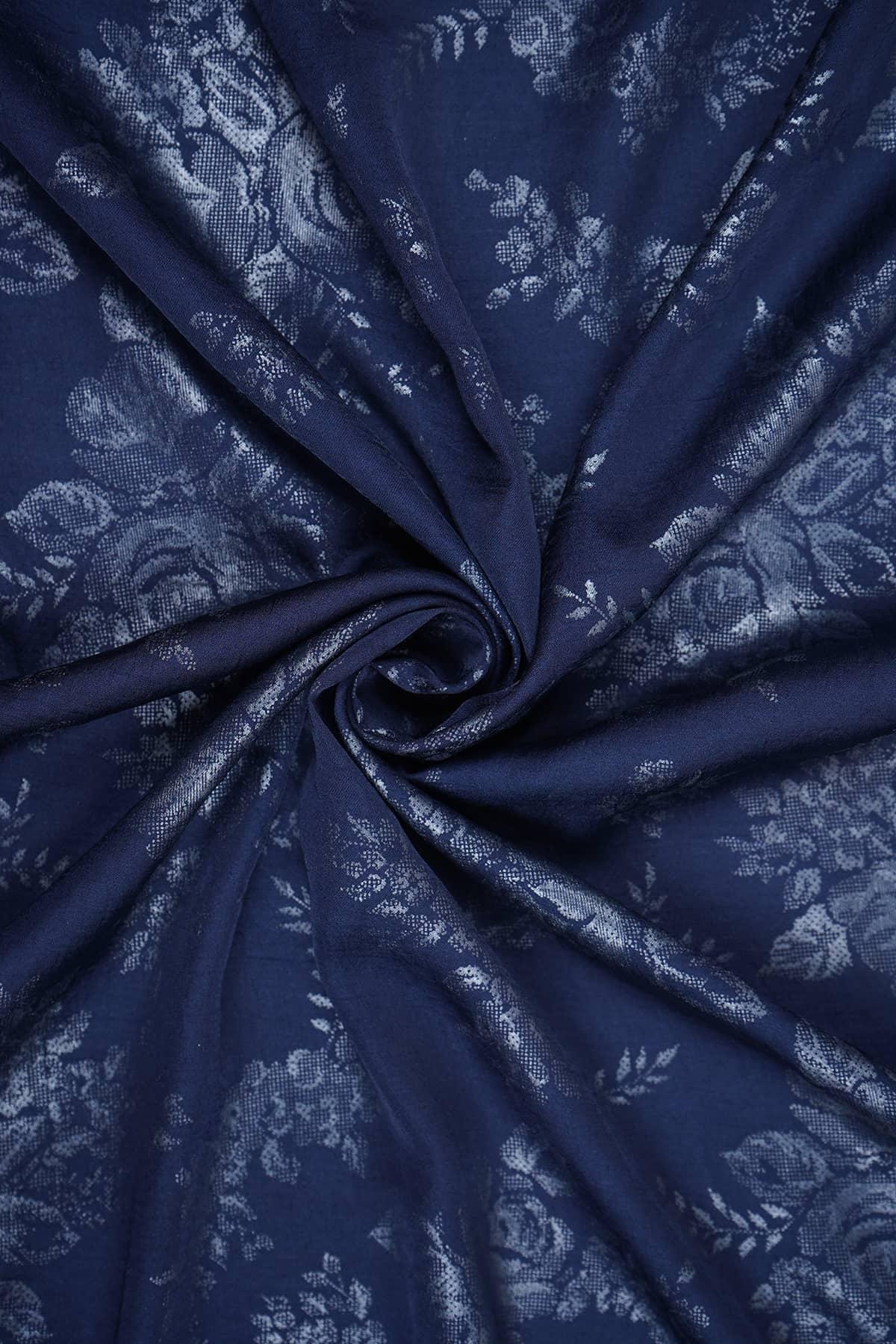 Silver Floral Pattern Embossed on Navy Blue Color Yesha Silk - saraaha.com - Casual, dresses and more, Festive, gowns, indo western, kurtas, Screen Print Foil Work, SILK, skirts, Suits, tops, Yesha Silk