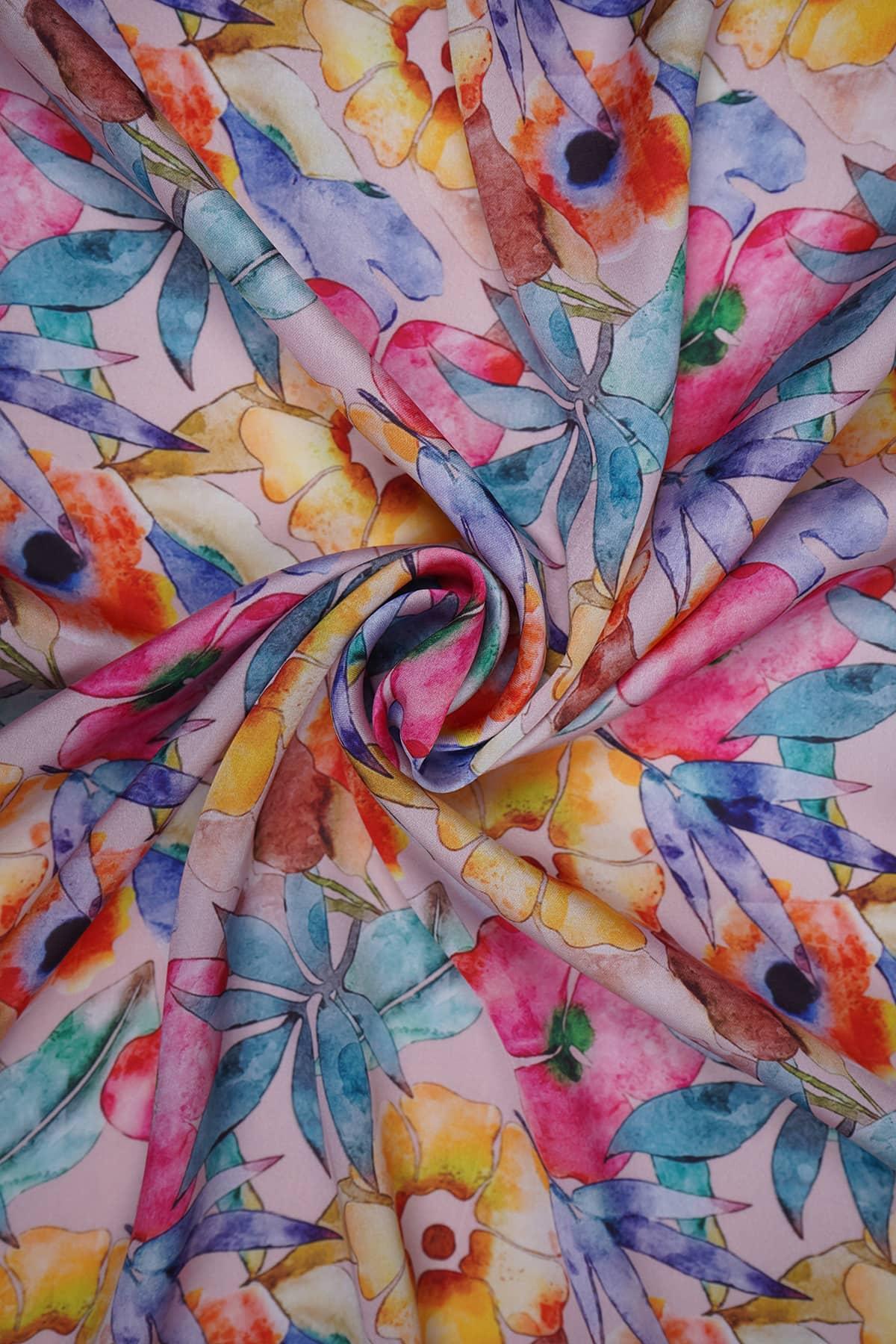 Multicolor Floral Leaf Pattern Digitally Printed on Charmie Satin - saraaha.com - accesories, Casual, Charmie Satin, Digital Print, dresses and more, Formal, gowns, home decor, indo western, kurtas, sarees, Satin, Shirts, skirts, Suits, tops, trimmings