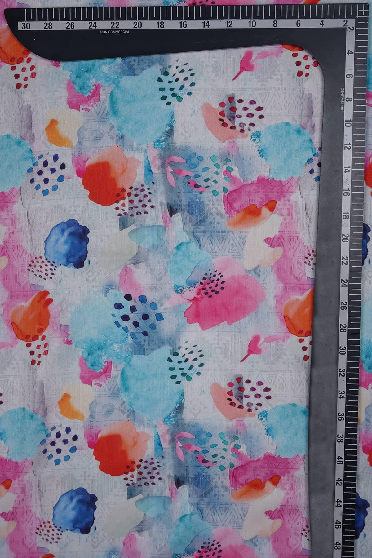 Pink and Sky Blue Abstract Watercolor Effect Digitally Printed on Rangna Silk - saraaha.com - Casual, Digital Print, ethnic kurtis, Festive, home decor, kurtas, lehengas, occasional garments, Rangna Silk, shirts, SILK