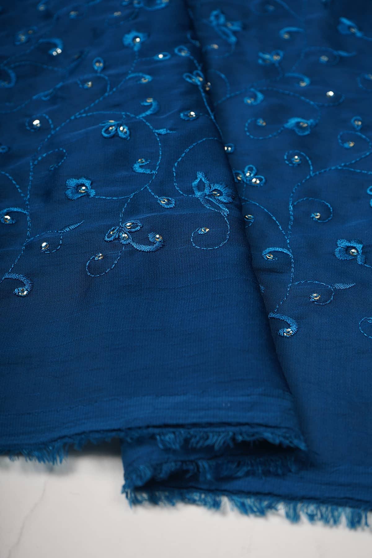 Beautiful Floral Branch Embroidery on Navy Blue Ananya Silk - saraaha.com - Ananya Silk, Dazzling Festive Collection, dresses and more, Embroidery, Festive, gowns, home decor, indo western, kurtas, SILK, skirts, Suits, tops