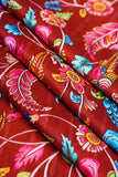 Red and Blue Seamless Kalamkari Pattern Digitally Printed on Halley Silk